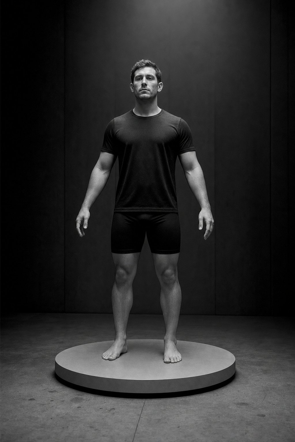 A person in plain dark athletic wear standing barefoot on a circular body-scan platform under a pool of overhead light in a dim clinical room