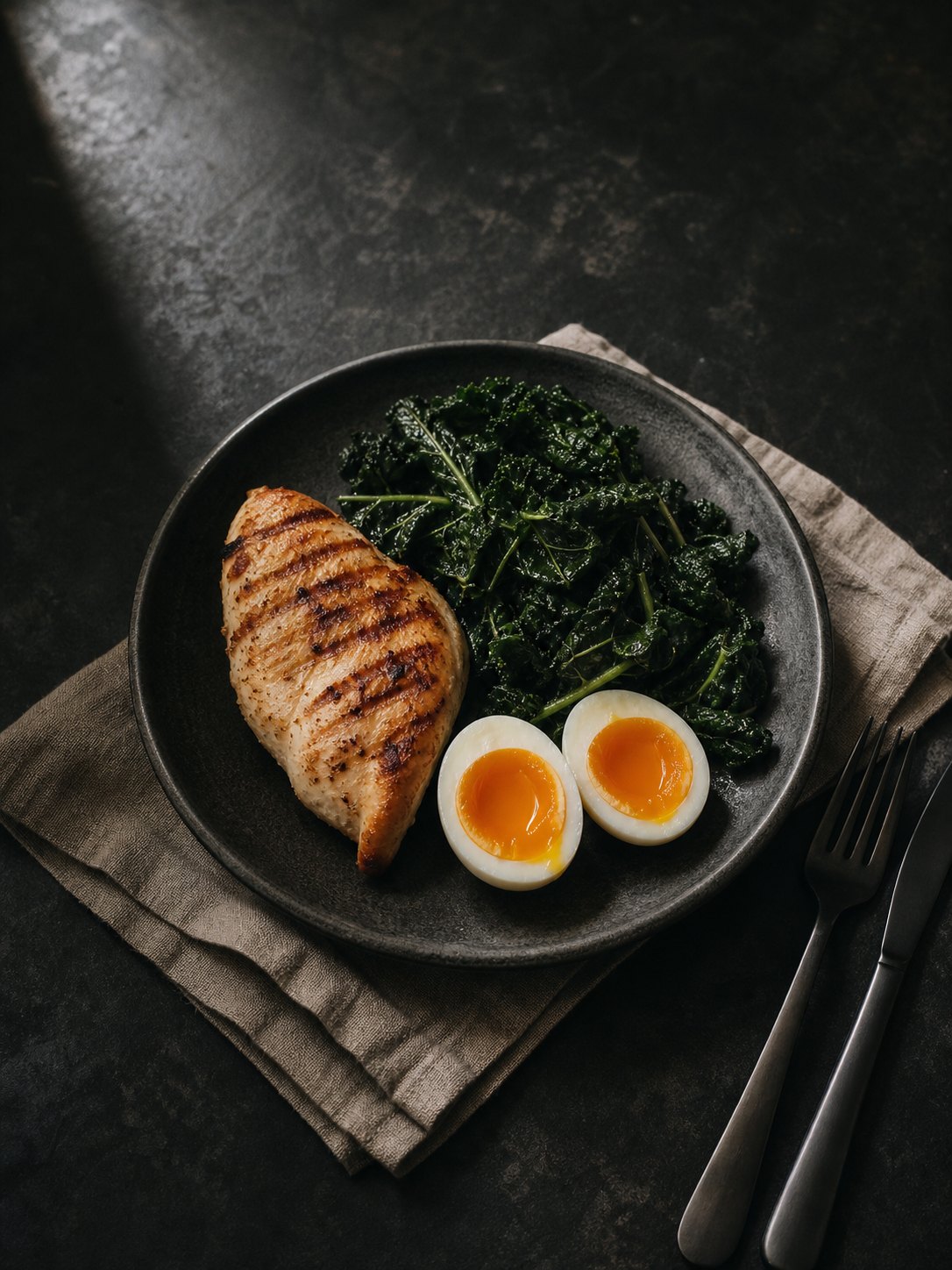 A simple dinner of grilled chicken, soft-boiled eggs and dark greens on a dark ceramic plate, lit by low side light